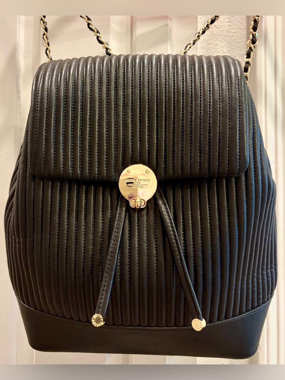 NWOT HENRI BENDEL Black Leather Quilted Chain Backpack with Gold-Tone Hardware